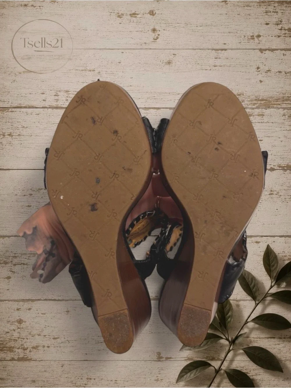 Jack Rogers Black Leather Medallion Wedge Sandals - Size 6.5